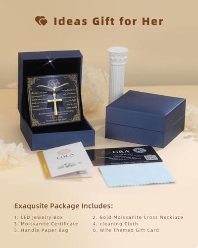 Gold Moissanite Cross Necklace for Women Wife in Light-Up Gift Box,Love Card - Women Anniversary Birthday Gifts Ideas for Wife Her Girlfriend, Christian Cross Chain Jewelry(18K Real Gold Filled)