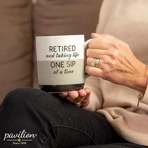 Pavilion Retirement Coffee Mug - "Retired & Taking Life One Sip at a Time" Text Design - Speckled Stoneware Coffee Cup for Retirees, Microwave & Dishwasher Safe, Beige w/ Bronze Metallic Bottom, 15 oz