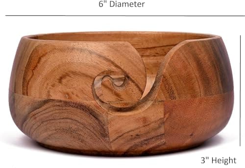 Samhita Acacia Wood Wooden Yarn Bowl for Crocheting & Knitting Hand Made by Indian Artisans Birthday Gifts for Mom & Knitting Lovers (6" x 6" x 3")