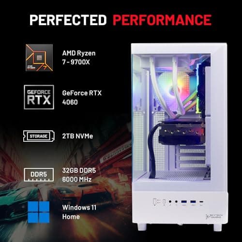 Skytech Azure Gaming PC Desktop, Ryzen 7 9700X 3.8 GHz (5.5GHz Turbo Boost), NVIDIA RTX 4060 8GB GDDR6, 2TB SSD, 32GB DDR5 RAM 6000 RGB, 650W Gold PSU, 360mm ARGB AIO, Wi-Fi, Win 11 Home