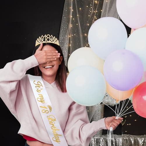 18th Birthday Decorations for Girls with 18th Birthday Sash White and Tiara Gold, Number Candles Gold, 18 Year Old Girl Gifts