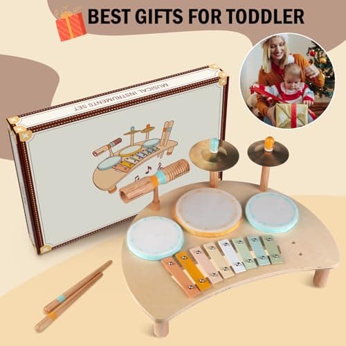 Toddlers Drum Set Toys for Toddlers 1-3,Baby Drum with Xylophone,Musical Instruments Toy, Kids Wooden Montessori Toys Birthday Gift for Boys Girls