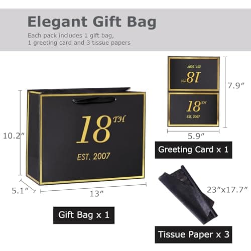 momoake 18th Birthday Gift Bag with Card and Tissue Paper for Boys Men Women, 2007 18 Year Old 13" Elegant Black Gold Anniversary Keepsake Party Present Shopping Paper Bags for Gifts Wrapping