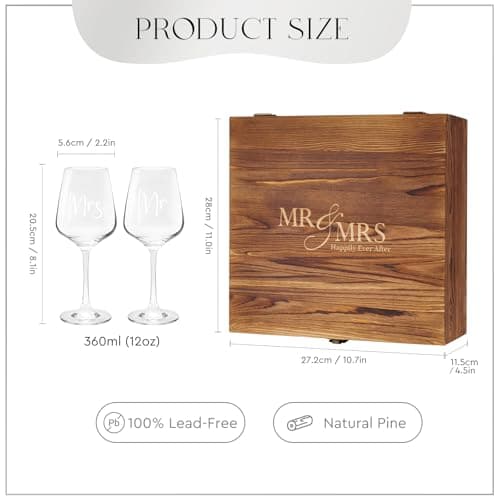 AW BRIDAL Wedding Gifts Bridal Shower Gifts Engagement Gift for Couples Newlyweds Mr & Mrs Wedding Wine Glasses Set of 2 - Wine Opener Wine Stopper with Engraved Wooden Keepsake Box