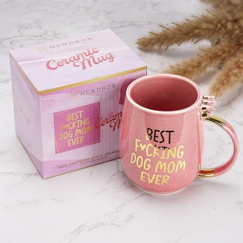 Hendson Dog Mom Gifts - Best Dog Mom Ever - Funny Birthday Gift For Dog Lovers Women - Gag Gifts for New Puppy Fur Baby Owners - Fur Mama Presents, Pitpull Pug - Coffee Cup, 13oz Pink Amethyst Series