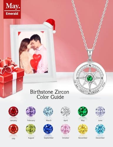 Silver Compass Necklace for Women Birthday Gifts for Wife Anniversary Necklace for Women Rose Flower Birthstone Necklaces for Wife Jewelry for Womens Girlfriend Mom Daughter