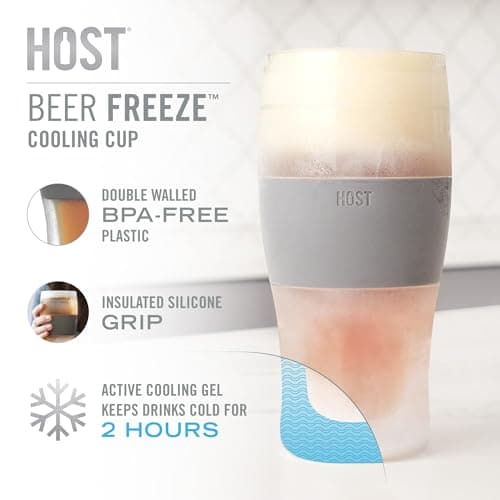 Host Freeze Beer Glasses, Freezable Beer Gifts for Men, Double Wall Insulated Pint Set, Tumbler for Cold Drinks, 16, Set of 2, Gray