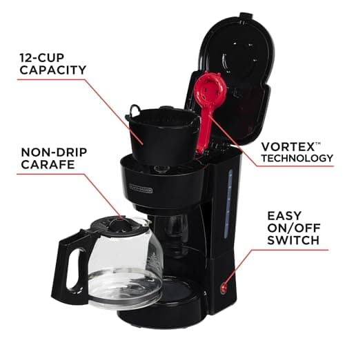 BLACK+DECKER 12-Cup Coffee Maker with Easy On/Off Switch, Easy Pour, Non-Drip Carafe with Removable Filter Basket, Vortex Technology, Black