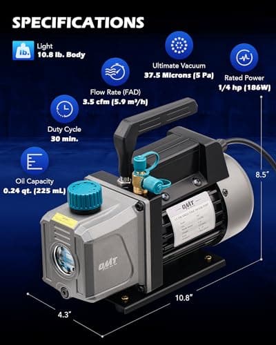 Orion Motor Tech Vacuum Pump, 3.5 cfm 1/4 hp HVAC Single Stage Vacuum Pump for R12 R22 R134a R410a R502, Auto AC Vacuum Pump Kit for Automotive Air Conditioner Resin Degassing & More, Oil Included