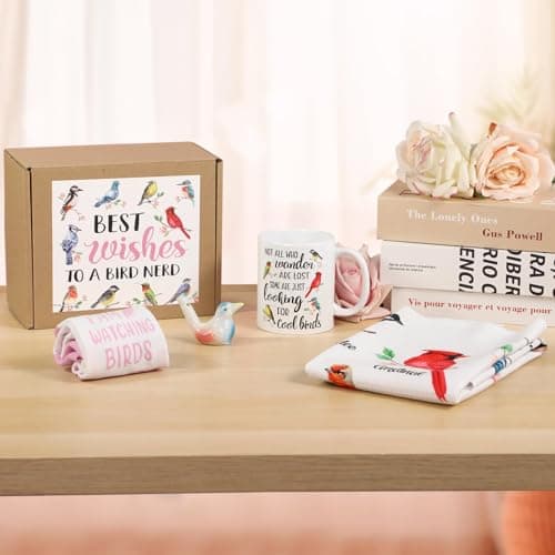 Nefelibata Bird Gifts for Women: 4-in-1 Birds Mug, Socks, Water Whistle, Kitchen Towel - Cardinal, Hummingbird, Kingfisher Birds on Branch