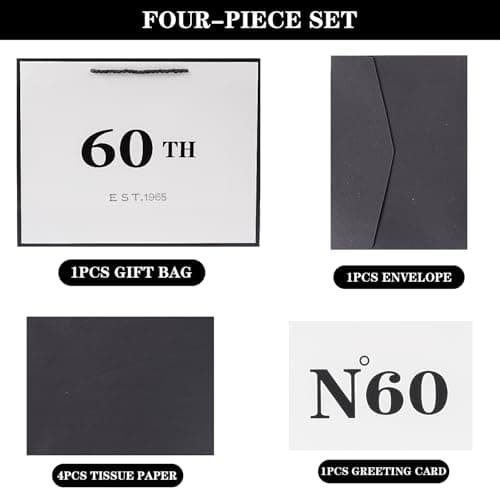 Jaywayang 60th Birthday White and Black Large Gift Bag with Card and Tissue Paper, Metallic Printing Keepsake Gift Vintage Bag for Men Women, 1965 Mom Dad 60 Year Old Party Paper Bag for Gifts Wrapping, Anniversary.