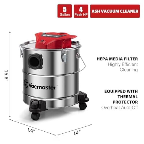 Vacmaster Vac EAV508S 1102 5-Gallon 3.5 Peak HP Premium Stainless Steel Ash Vacuum, Red Edition