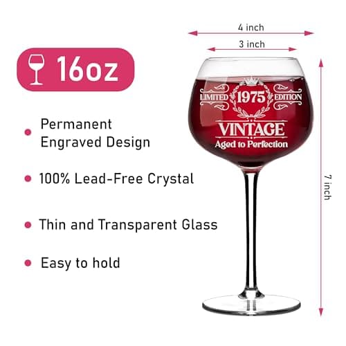 Vintage 1975 Engraved Wine Glass - 50th Birthday Gifts For Her - Cool Gifts For 50 Year Old Woman - 1975 Birthday Present - Fifty Women Gift Ideas - Turning 50 Cup for Wife, Sister, Daughter, Ladies