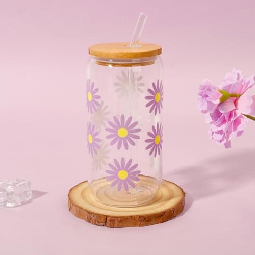 Birthday Gifts for Women Friendship, Teen Girls, Girls, Unique Cute Birthday Gift Box For Girl, Her, Sister, Daughter, Friends, Ideas Cute Daisy Aesthetic Glass Cups Gifts Set (Purple)