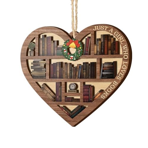 V VIBEPY All Over Printed, Book Lovers Ornaments, Bookshelf Heart Christmas Book Ornament 3.2"x3.5" 2 Layer, Gift for Girl Book Lovers, Gift Idea for Christmas