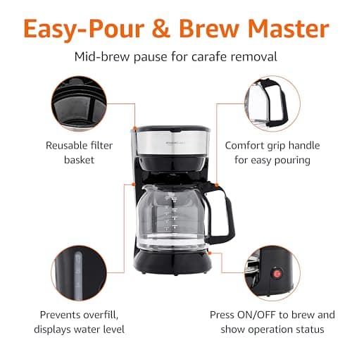Amazon Basics Coffee Makers, 12-Cup Coffee Machines with Reusable Filter, Coffee Pots, Black & Stainless Steel