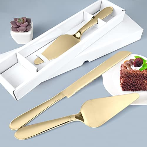 Cake Cutting Set for Wedding, Elegant Cake Knife and Server Set with Thickened Stainless Steel Rounded Edges, Cake Cutter Pie Spatula for Birthday Anniversary Christmas, 2 Pcs, Gold