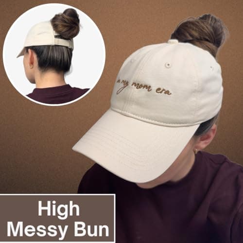 in My Mom Era Hat - Beige Baseball Cap for Moms, High Ponytail Hole, Minimalist Design, Mothers & New Mom Gifts