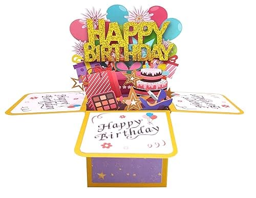 Funny Happy Birthday Pop Up Card, Sweet 3D Birthday Gift Box for Adults and Kids with Envelopes, Unique Handmade Foldable Celebration Cards for Daughter, Son, Mom, Dad, Friend