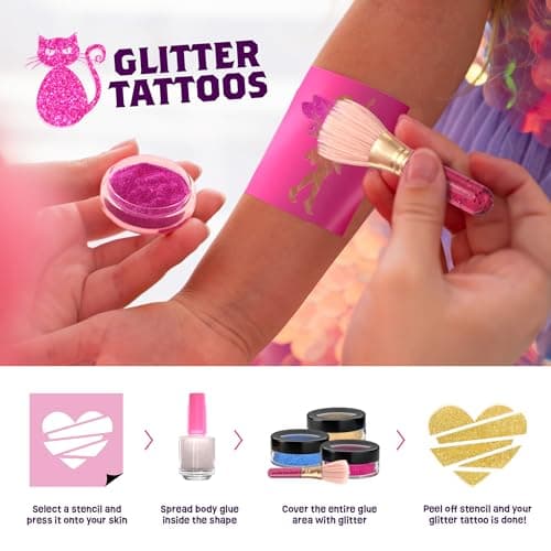 Pretty Me Glitter Tattoo Kit for Kids - Glitter & Metallic Fake Tattoos for Girls - Birthday Gift Ideas for Girl - Temporary Tattoo Set - Craft Kits Toys for Ages 6 7 8 9 10 11 Year Old - Cool Gifts