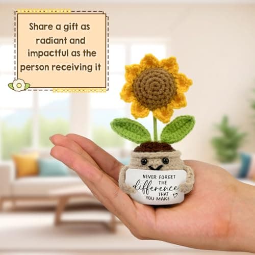 Mini Positive Crochet Sunflower, Cute Cheer Up Gifts for Women, Crochet Plant with Optimistic Card for Nurse Teacher Boss, Thank You Gifts for Friends, Coworker and Sunflower Decor