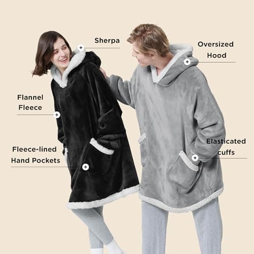 Bedsure Blanket Hoodie, Wearable Blanket for Adults & Kids as Gifts for Women Men, Birthday Gifts for Women Mom Girl Sherpa Oversized Hoodie, Grey, Standard