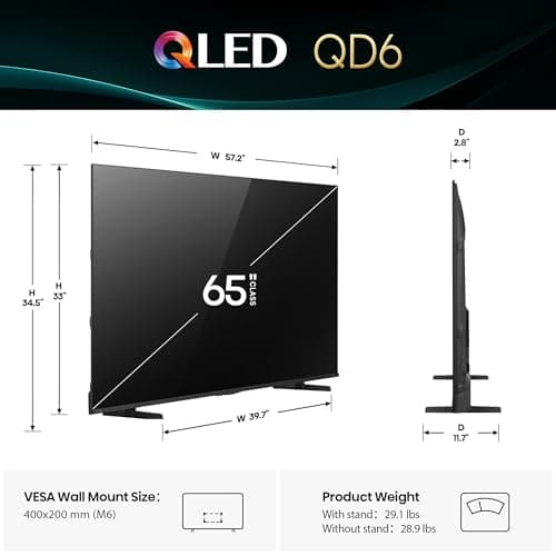 Hisense 65" Class QD6 Series (65QD6QF, 2025 Model) QLED 4K UHD Smart Fire TV, Voice Remote with Alexa, Dolby Vision, Dolby Atmos, Motion Rate 120, HDR 10+, Game Mode Plus, MEMC, VRR, ALLM