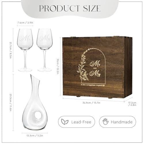 AW BRIDAL Mr and Mrs Wine Glasses and Decanter Set, Wedding Bridal Shower Engagement Gift for Couples 2025, Wedding Glasses for Anniversary Bride Bachelorette with Wood Keepsake Box