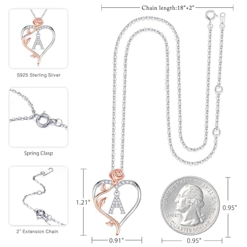 Iefil Stocking Stuffers for Women Wife - 925 Sterling Silver Rose Heart Initial Necklace, Christmas Anniversary Birthday Gifts for Women, Jewelry Gift for Her Wife Girlfriend Mom Daughter
