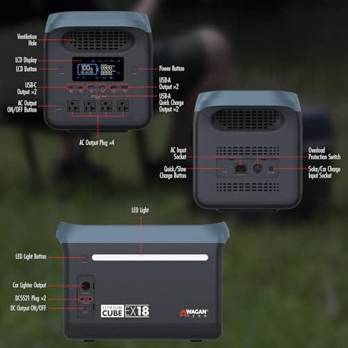 Wagan EL8840 Portable Power Station EX18 Lithium Cube Solar Generator 1229Wh LiFePO4 Battery Fast Charge 1800W 3000W peak AC 100W USB-C for Home Backup, Power Outages, Outdoor Camping, Off-grid