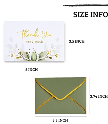 Winoo Design 100 PK Luxurious Gold Thank You Cards with Envelopes Bulk Sage Green - 5x3.5 Inches Wedding Thank You Notes Baby Shower Greenery Bridal Shower Small Business