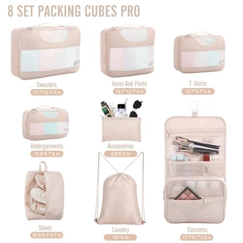 Veken 8 Set Packing Cubes for Travel, Birthday Gifts for Women Mom Her, Cruise Ship Essentials Accessories for Beach Vacation, Suitcase Organizer Bags for Luggage with Hanging Toiletry & Shoe Bag