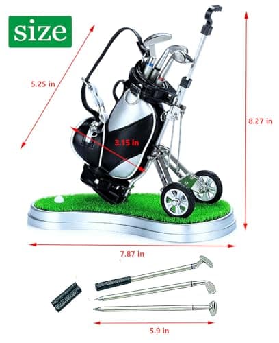 Golf Pen Holder with 3 Club Pens and Movable Golf Cart, Mini Golf Bag Desk Decor for Office, Funny Golf Gifts for Men, Dad, Boss - Stocking Stuffers for Golfers on Birthday, Christmas, Fathers Day