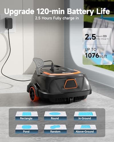Robotic Pool Vacuum for Above Ground Pools, Dual Filters, Self-Parking, 120-Min Runtime & 2.5h Fast Charging, Powerful Suction, Ideal for Flat Pools up to 1076 sq.ft (Black Tangerine)