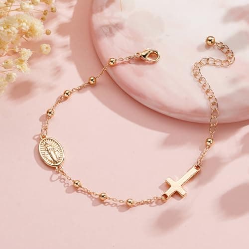 Catholic Virgin Mary Cross Bracelet Gifts for Girls Teens Women, Rosary Beads Charm Link Chain Bracelet Christmas Christian Religious Jewelry Gifts