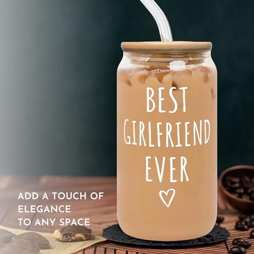Gifts for Girlfriend - Girlfriend Gifts for Women - Anniversary, Valentines, Birthday Cup for Her - Romantic Love Glass for Her - 16 Oz Can Glass with Lid, Straw & Brush