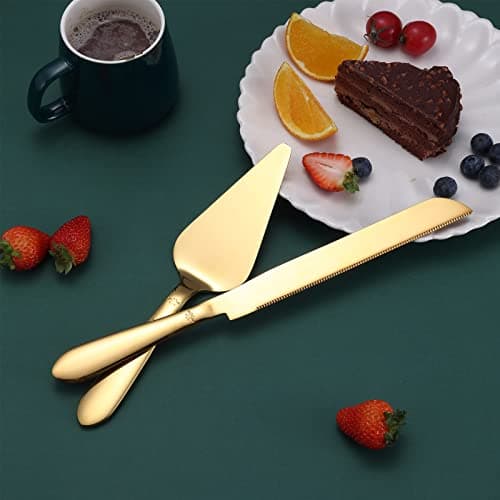 Cake Cutting Set for Wedding, Elegant Cake Knife and Server Set with Thickened Stainless Steel Rounded Edges, Cake Cutter Pie Spatula for Birthday Anniversary Christmas, 2 Pcs, Gold