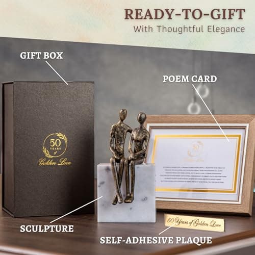 50th Wedding Anniversary Couple Gifts - Iron and Marble Sculpture - Gifts for 50th Wedding Anniversary for Parents or Friends - Includes Present Box, Engraved Plaque and Poem Card