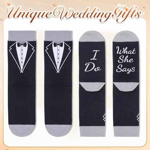 HAPPYPOP Wedding Gifts for Groom - Black Tuxedo Socks for Groom, I Do What She Says Engagement Socks