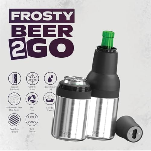 Asobu Frosty Beer Holder,Vacuum Insulated Double Walled Stainless Steel Beer Can and Bottle Cooler with Beer Opener, Bpa Free, Fits Standard 12oz, Ice Cold for Hours, Great Gift for Beer Lovers