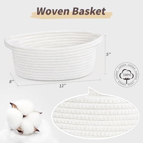 Pro Goleem Small Woven Basket with Gift Bags and Ribbons Durable Baskets for Halloween Gifts Empty Small Rope Basket for Storage 12"X 8" X 5" Baby Toy Baskets with Handles, White