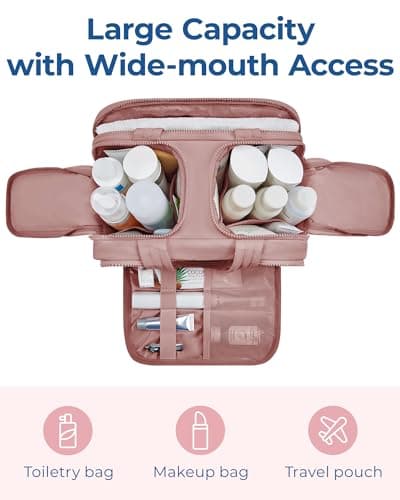 BAGSMART Travel Toiletry Bag, Lightweight Large Wide-open Travel Bag for Women, Puffy Cosmetic Makeup Bag Organizer with Handle for Accessories,Essentials, Toiletries, Dark Pink