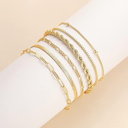 DEARMAY Gold Bracelets for Women Waterproof, 14K Real Gold Jewelry Sets Trendy Thin Dainty Stackable Cuban Link Paperclip Chain Bracelet Pack Fashion Accessories Gifts for Womens