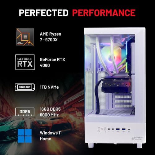 Skytech Gaming Azure 3 Desktop PC, Ryzen 7 9700X 3.8 GHz (5.5GHz), NVIDIA RTX 4060 8GB, 1TB NVMe SSD, 16GB DDR5 RAM 6000, 650W Gold PSU, 360mm ARGB AIO, Wi-Fi, Win 11