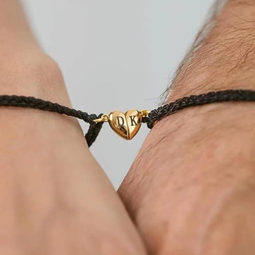 Matching Bracelets for Couples, Gold Heart Initial Friendship Adjustable Bracelet Women Cute Match Charm Letter Name Black Braided Rope Valentines Bf Gf Friends Jewelry Gift