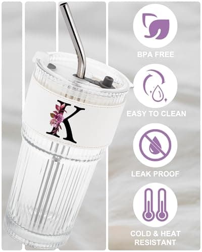 Initial Glass Cup with Lid Straw Ribbed Ice Tea Clear Tumbler Her Sister Coffee Matcha Latte Girlfriend Gf Aunt Best Friend Friendship Bestie Wife Cute Asthetic Unique Birthday Personalized Gift K