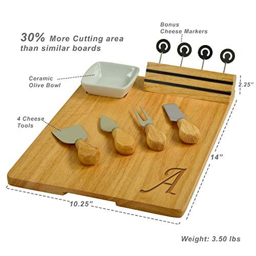 Picnic at Ascot Personalized Monogrammed Laser Engraved Hardwood Board for Cheese & Appetizers - Includes 4 Cheese Knives, Cheese Markers & Ceramic Dish - Designed in California