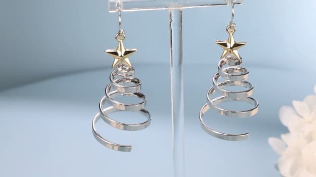 Handmade Christmas Tree Dangle Hoop Earrings Golden Silver Two Tone Women Holiday Gift, Thanksgiving Themed Earrings, Christmas Party Gift