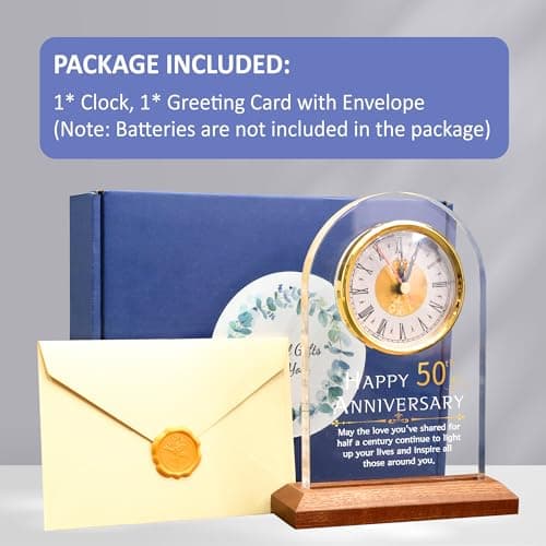 50th Anniversary Wedding Gift, Anniversary Quartz Clock, Desk Table Clock, 50 Years of Marriage, Golden Wedding for Couple, Parents, Grandparents (Wooden Base with LED Light)