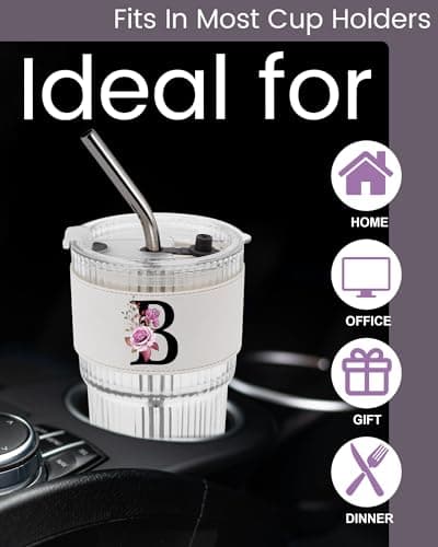 Alphabet Glass Cup with Lid Straw Ice Tea Ribbed Coffee Matcha Latte Clear Tumbler Cute Women Wife Wifey Girlfriend Gf Romantic Personalized Valentines Custom Funny Anniversary Special Day Gift B